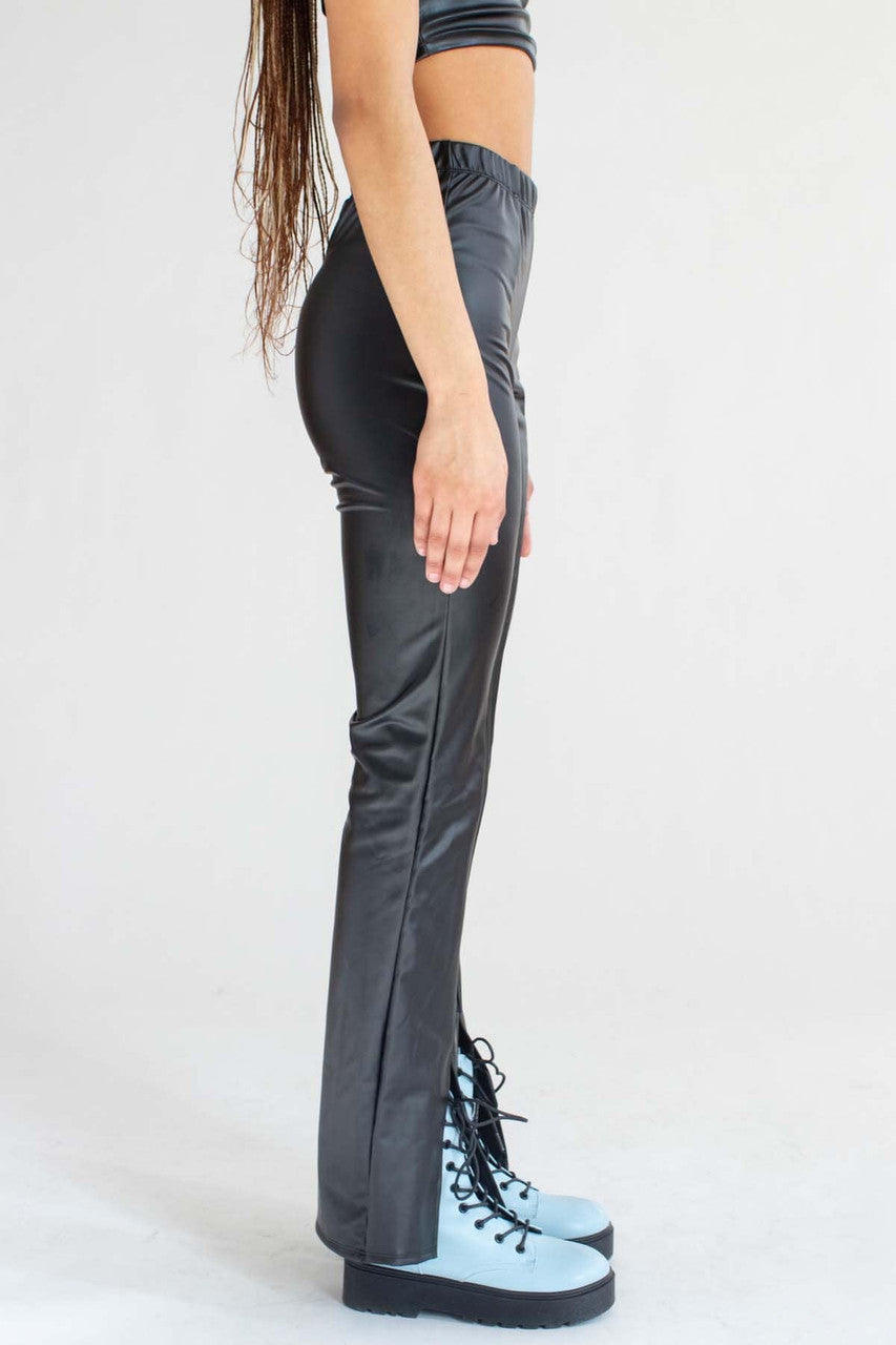 Black Split Front Pleather Bell Bottoms