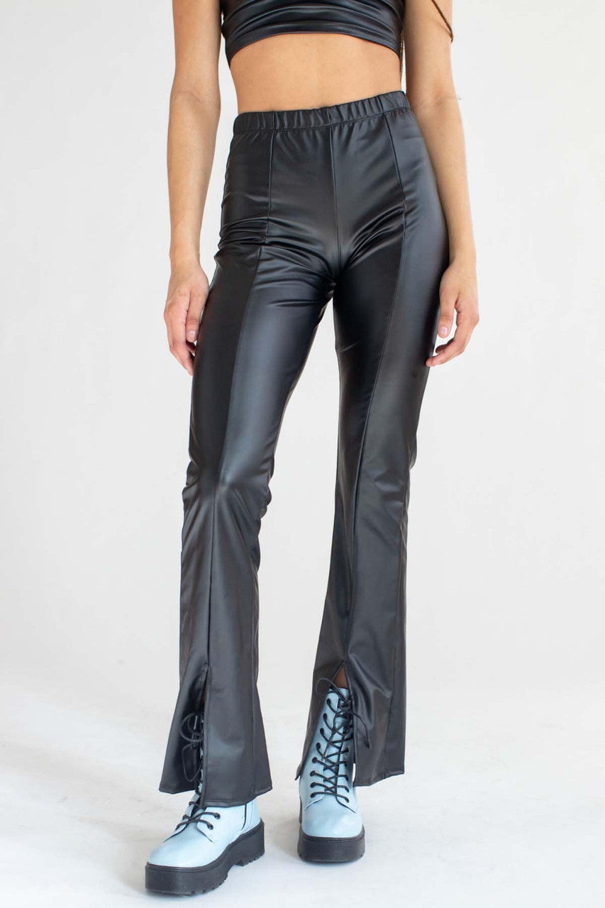 Black Split Front Pleather Bell Bottoms