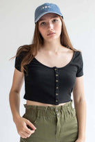 Black Ribbed Button Up Crop Tee