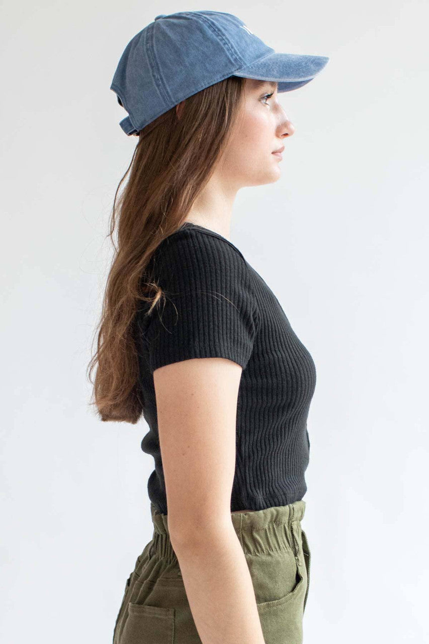 Black Ribbed Button Up Crop Tee