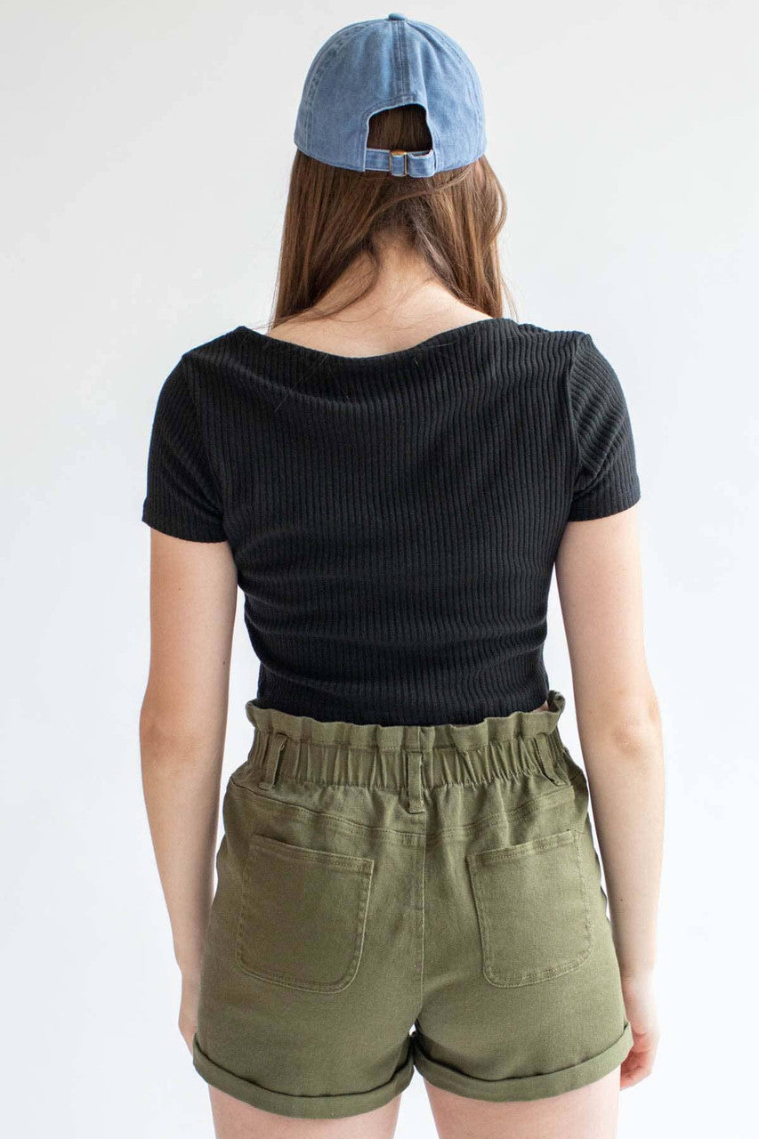 Black Ribbed Button Up Crop Tee