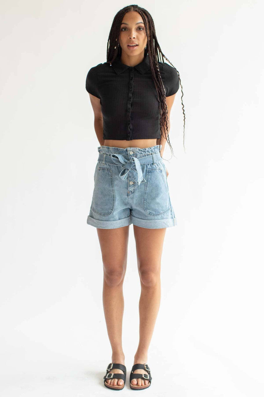 Black Ribbed Button Up Tee
