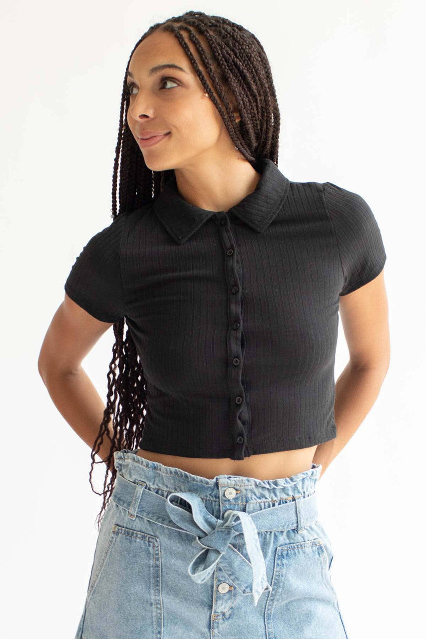 Black Ribbed Button Up Tee