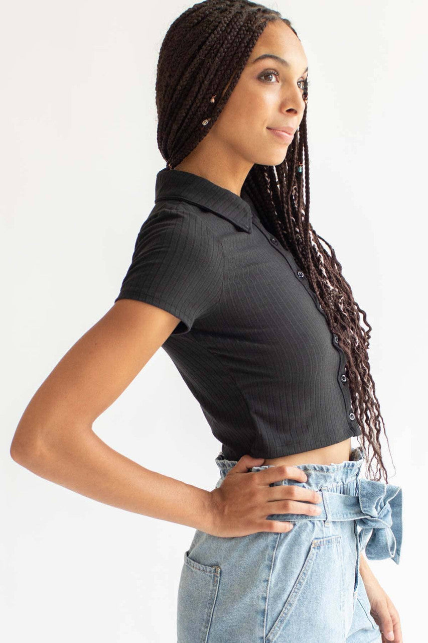 Black Ribbed Button Up Tee