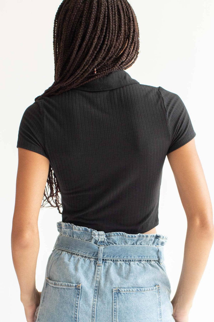 Black Ribbed Button Up Tee