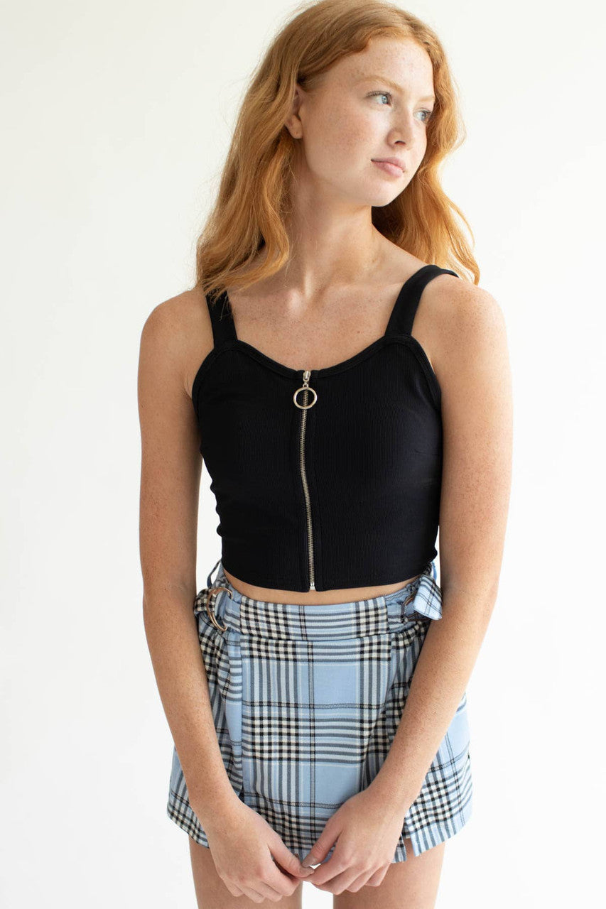 Black Ribbed Circle Zip Crop Tank
