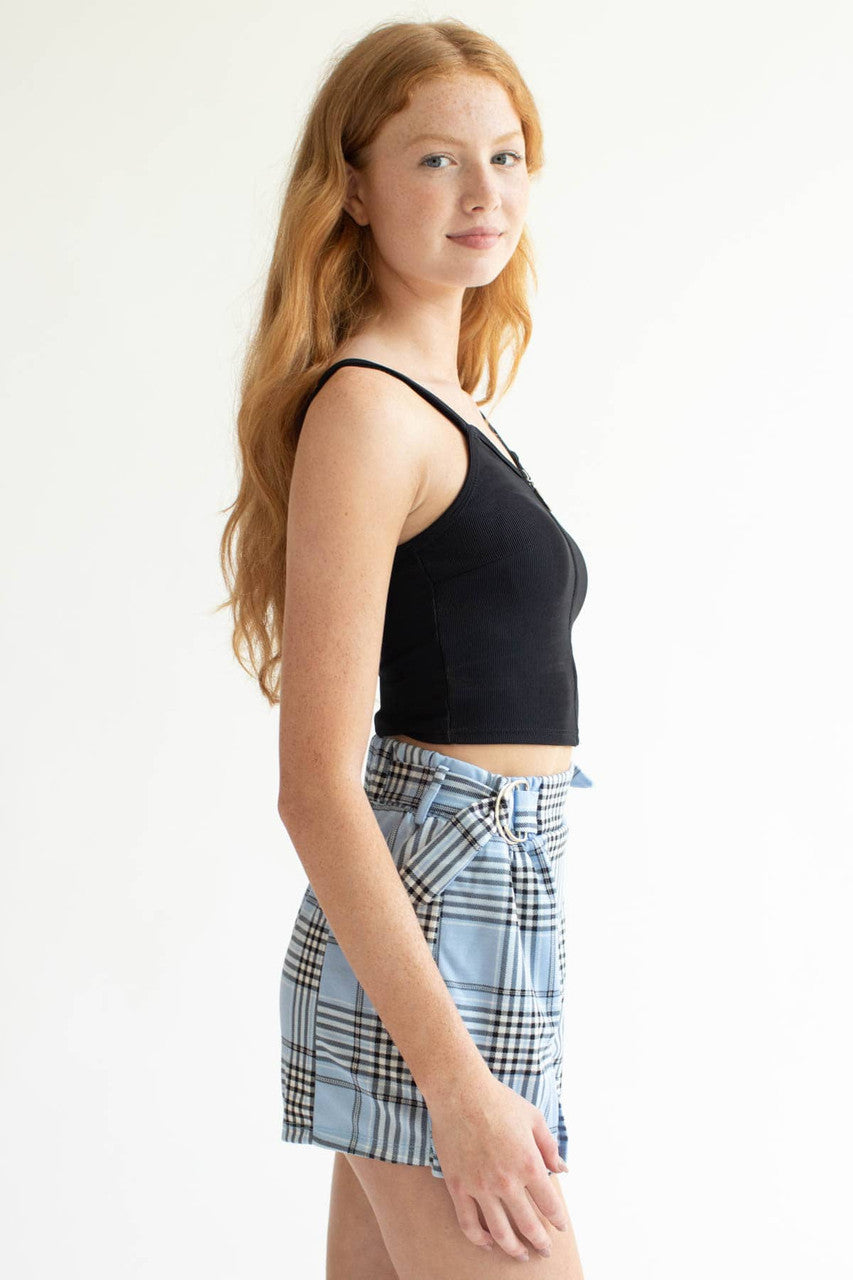 Black Ribbed Circle Zip Crop Tank