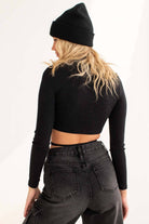 Black Ribbed Mock Neck Tie Waist Long Sleeve Top