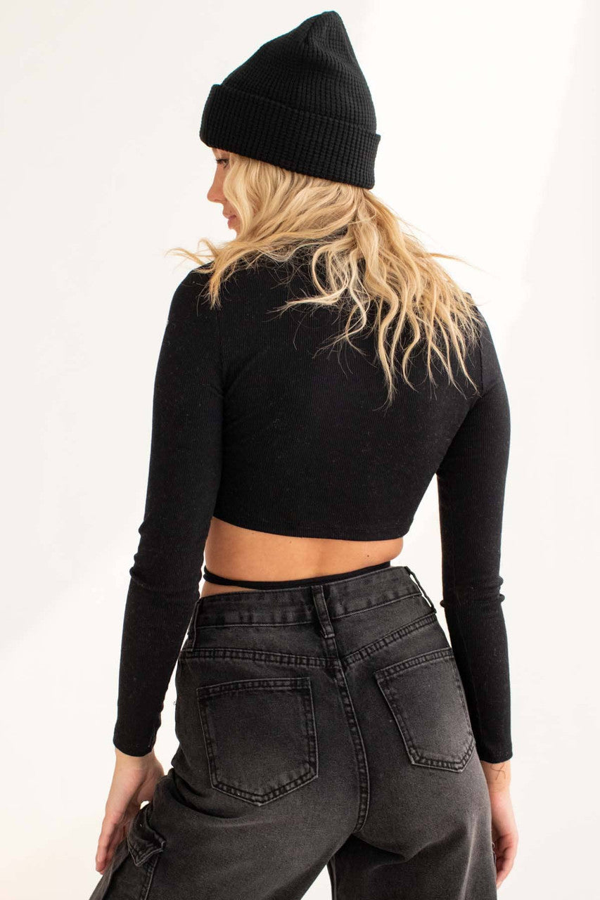 Black Ribbed Mock Neck Tie Waist Long Sleeve Top