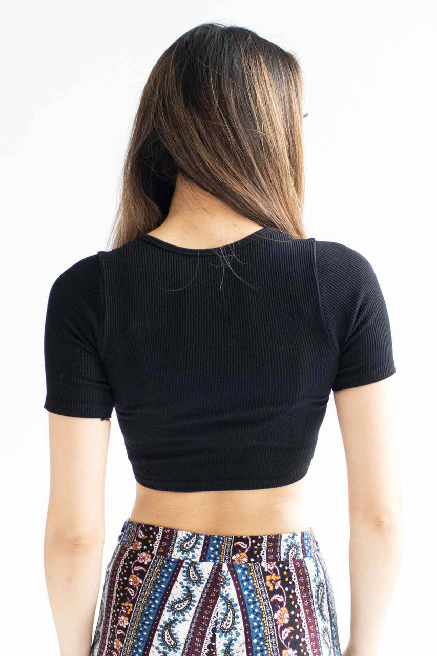 Black Ribbed Seamless Scoop Neck Crop Tee
