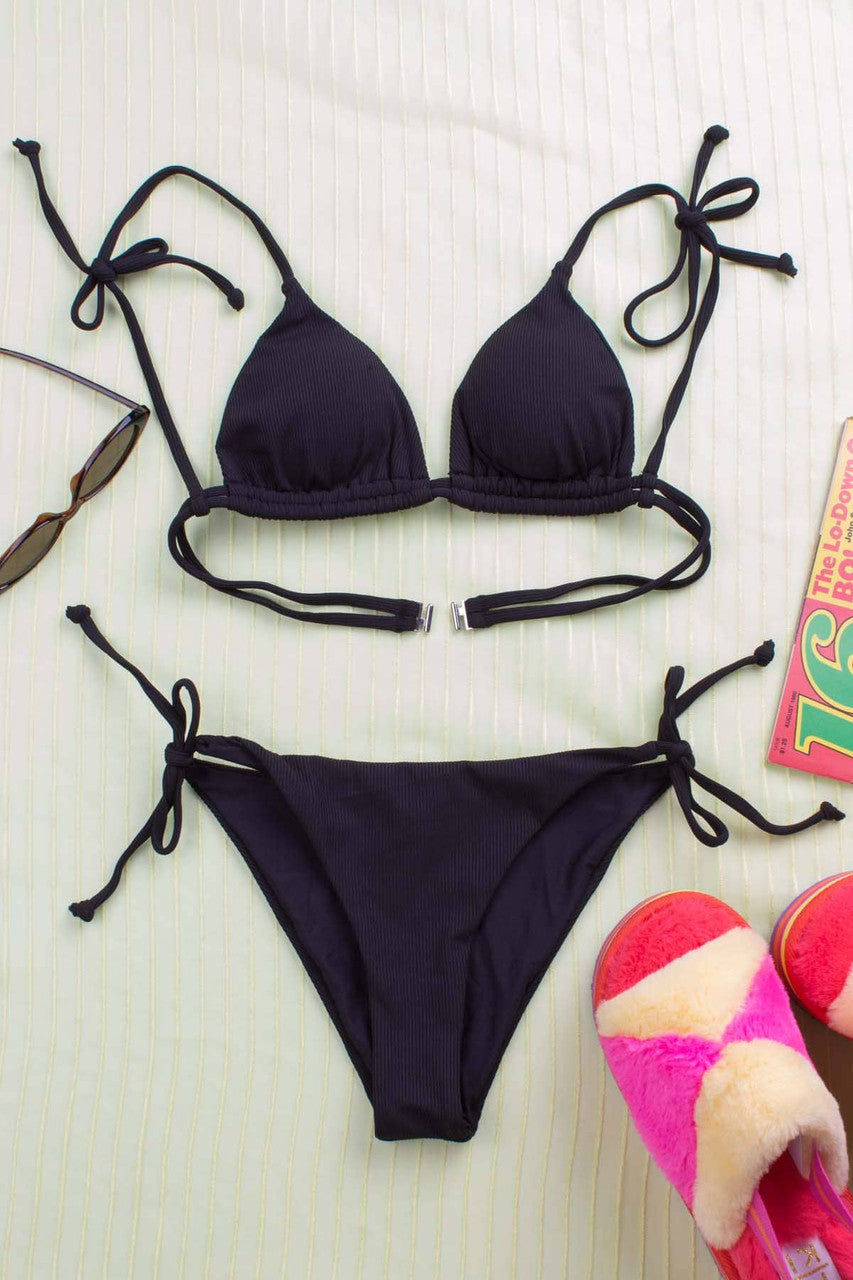 Black Ribbed String Bikini Top
