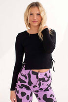 Black Ruched Side Slit Ribbed Long Sleeve Top