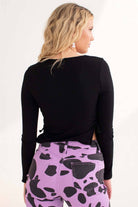 Black Ruched Side Slit Ribbed Long Sleeve Top