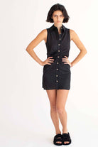 Black Ruched Sleeveless Shirt Dress