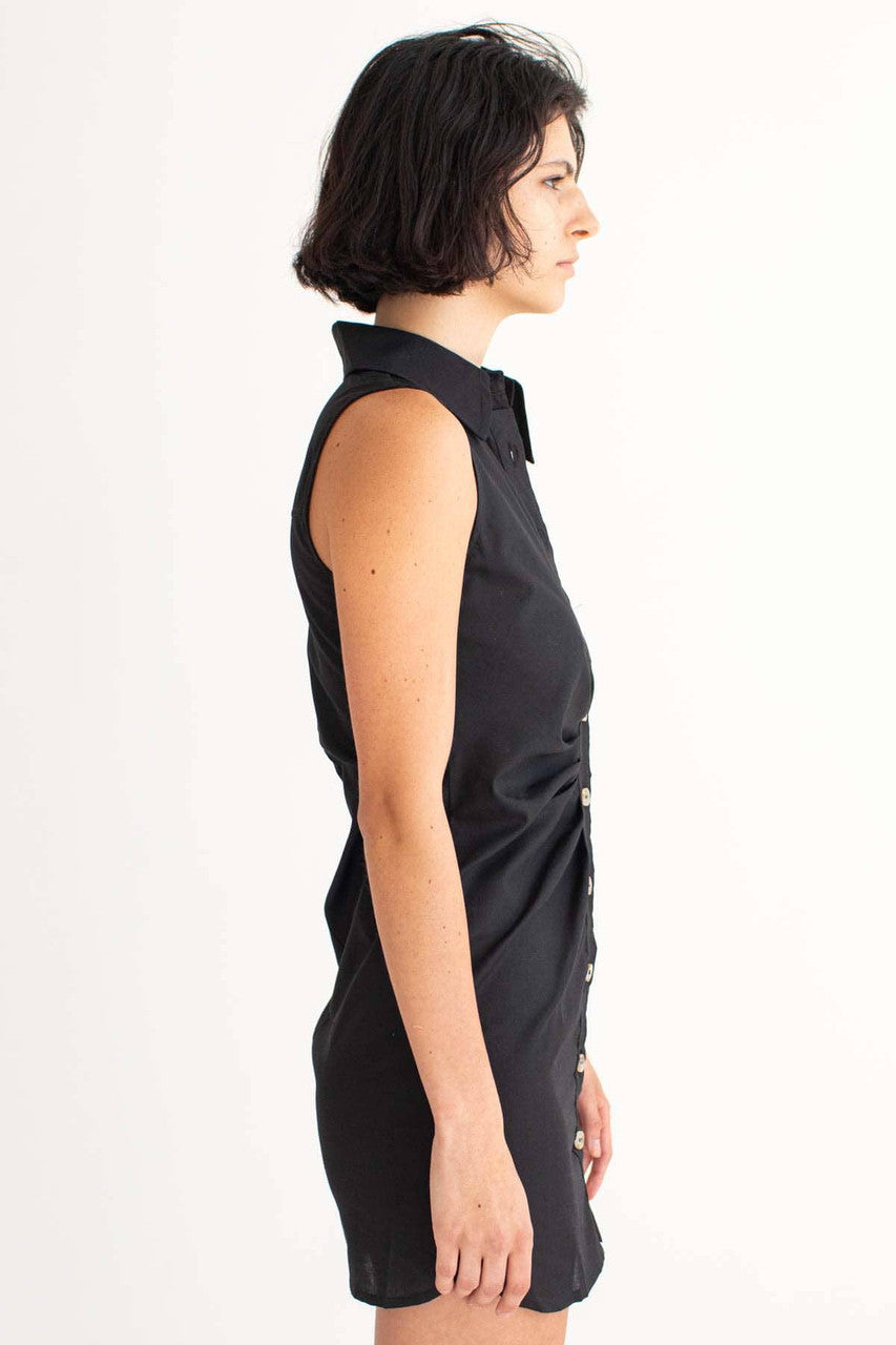 Black Ruched Sleeveless Shirt Dress