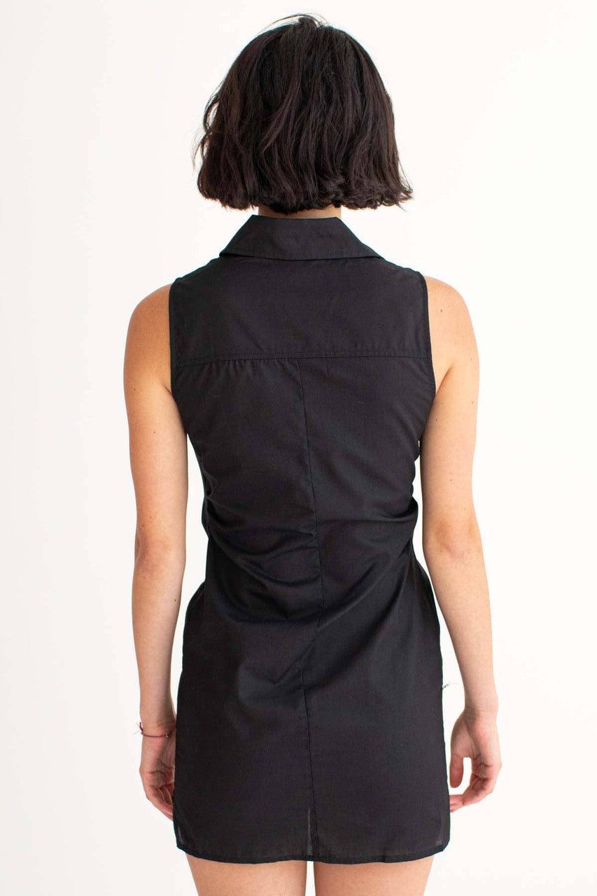 Black Ruched Sleeveless Shirt Dress