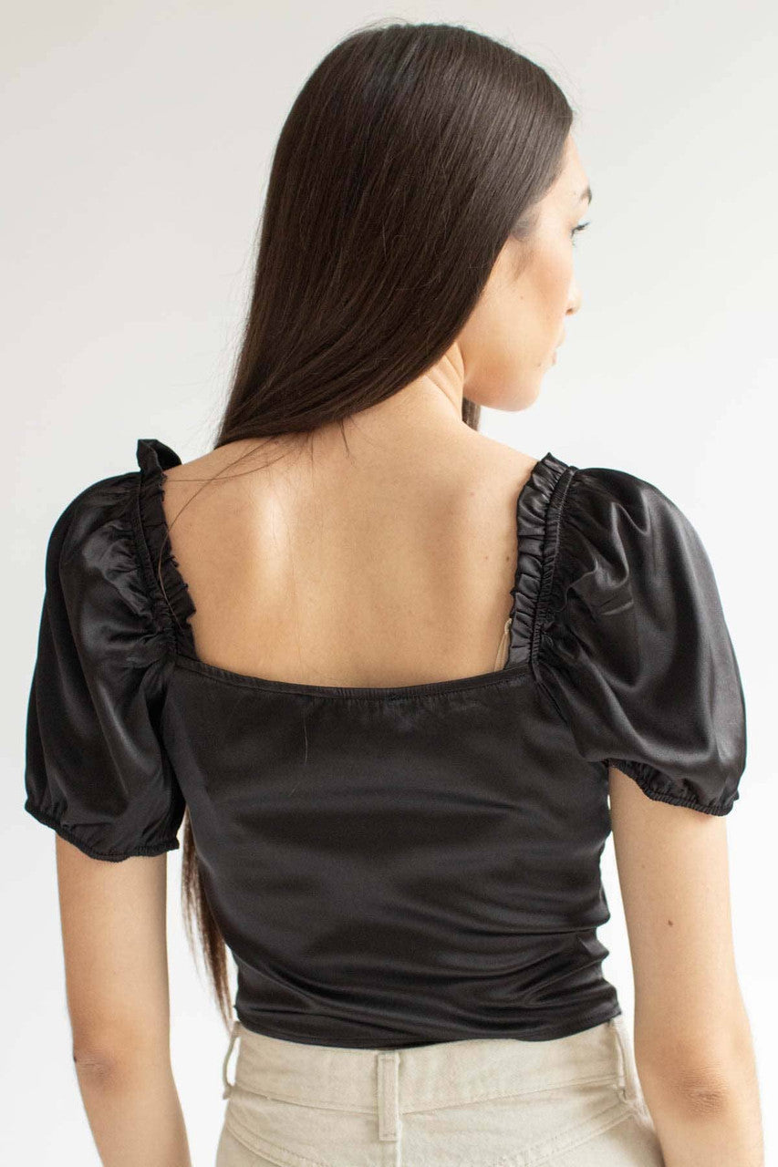 Black Satin Milkmaid Crop Top