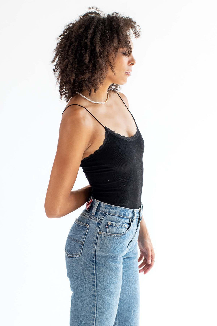Black Seamless Lace Trim Bodysuit