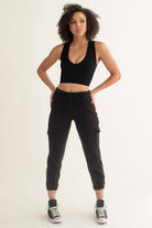 Black Ribbed Seamless Deep V Crop Tank