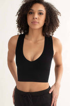 Black Ribbed Seamless Deep V Crop Tank