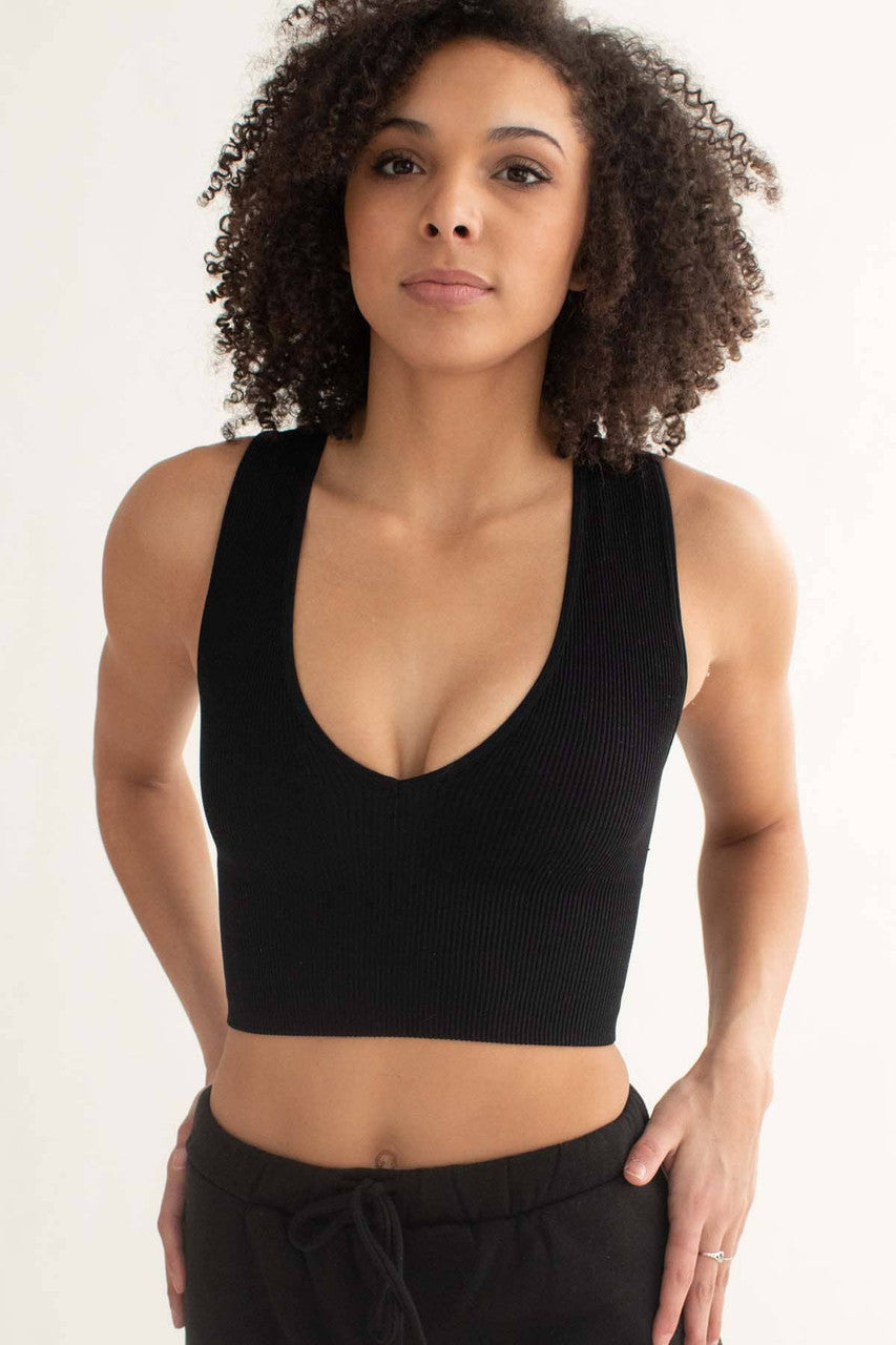 Black Ribbed Seamless Deep V Crop Tank