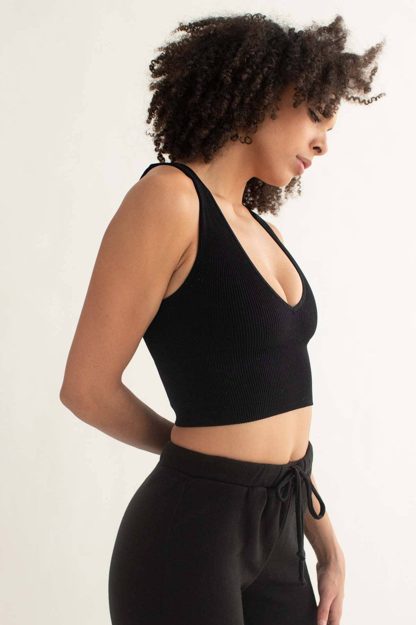 Black Ribbed Seamless Deep V Crop Tank