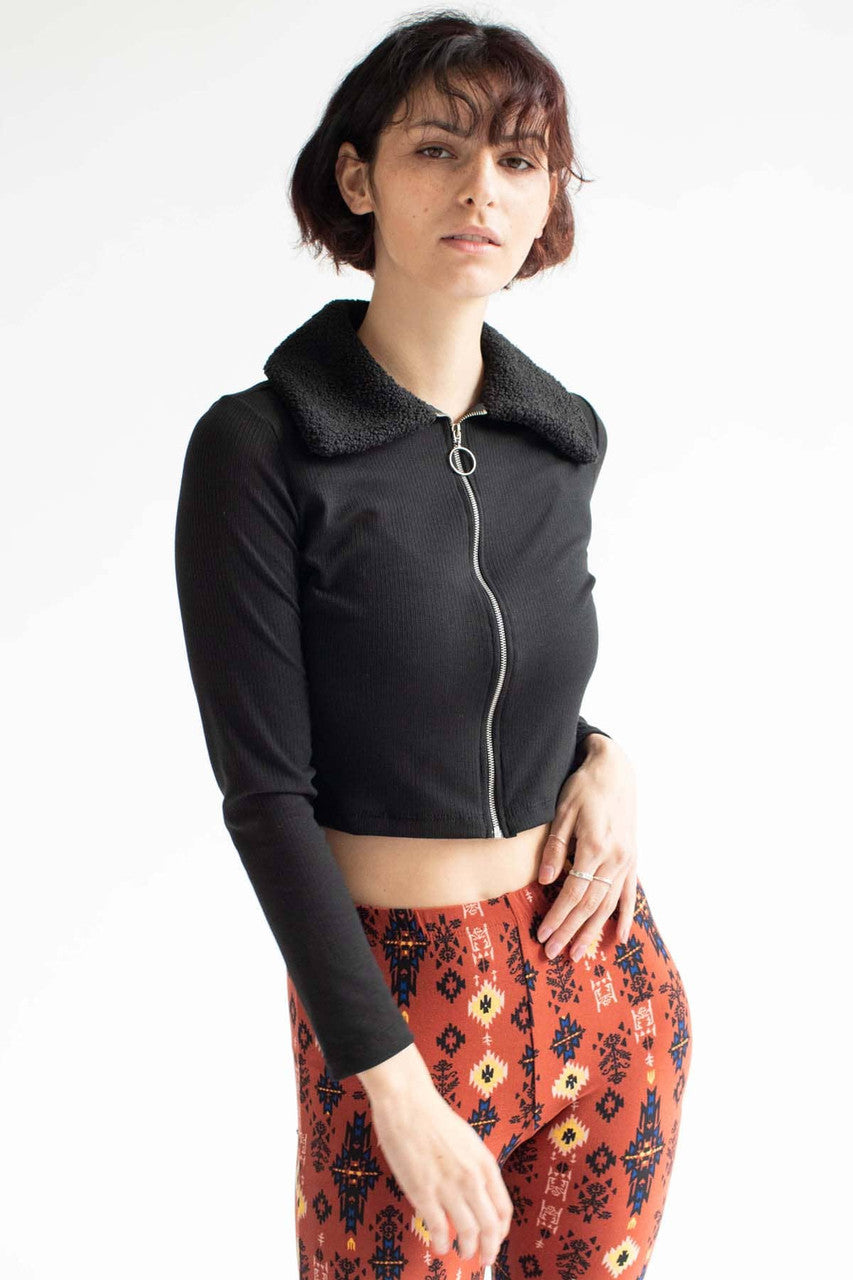 Black Sherpa Collared Zip Up Long Sleeve Top