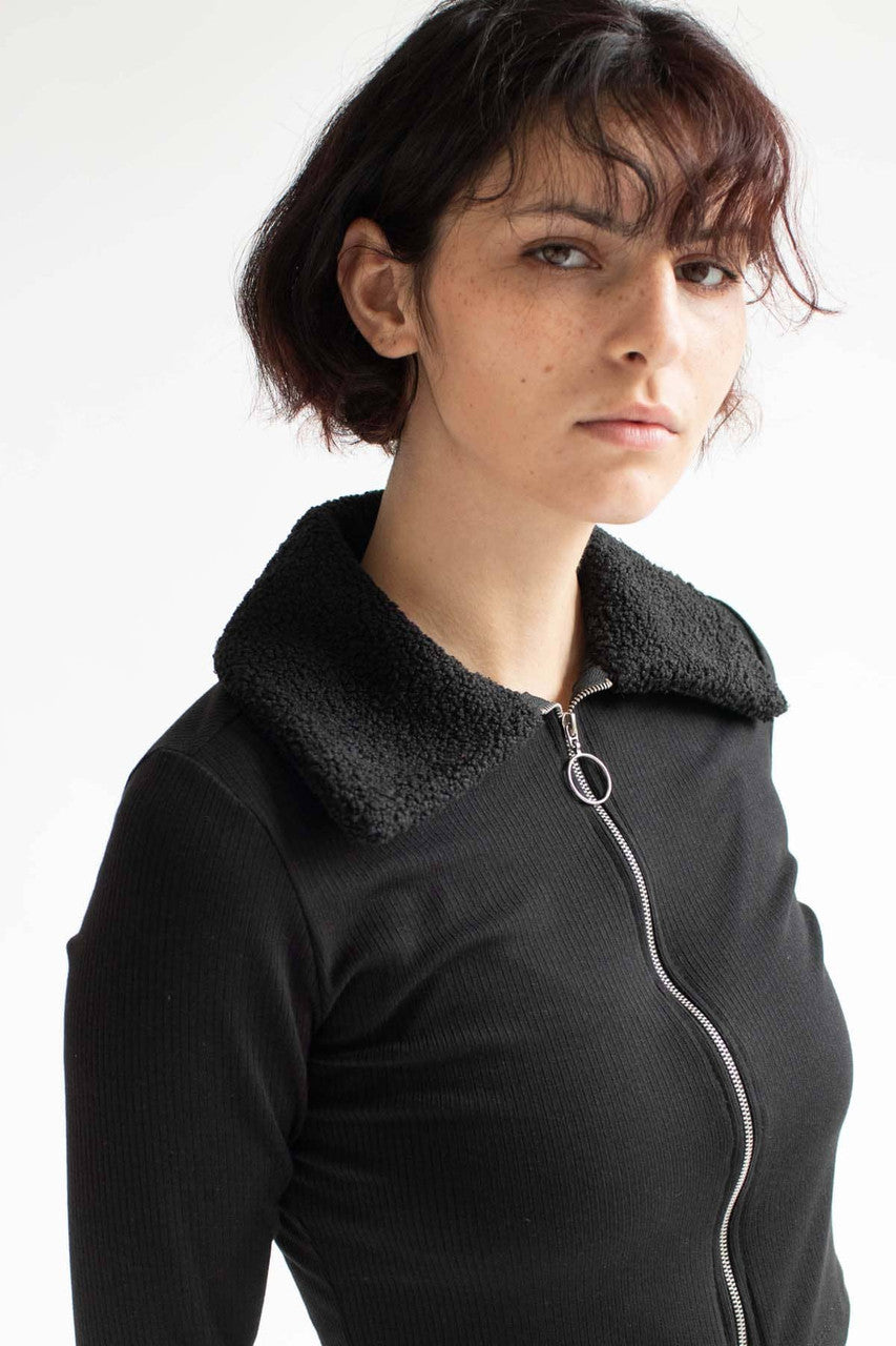 Black Sherpa Collared Zip Up Long Sleeve Top