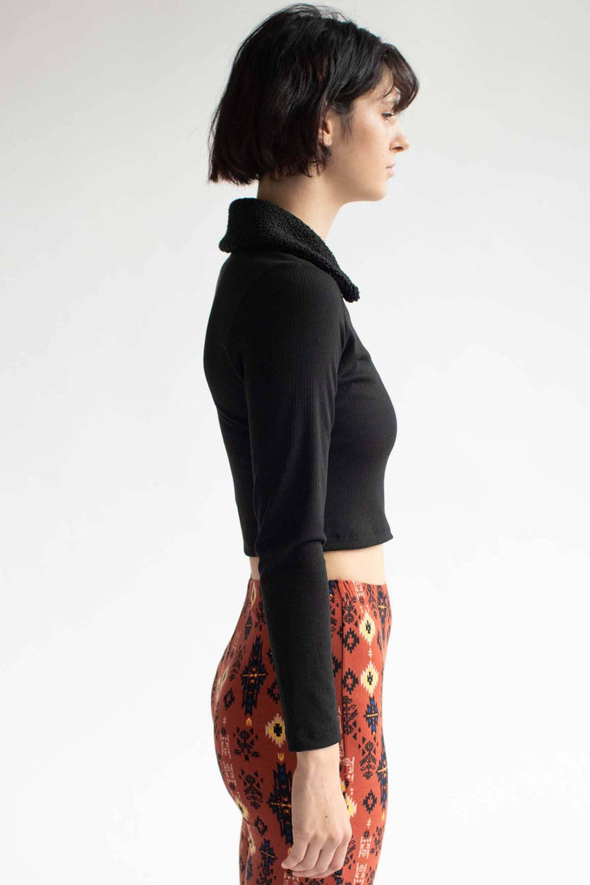 Black Sherpa Collared Zip Up Long Sleeve Top