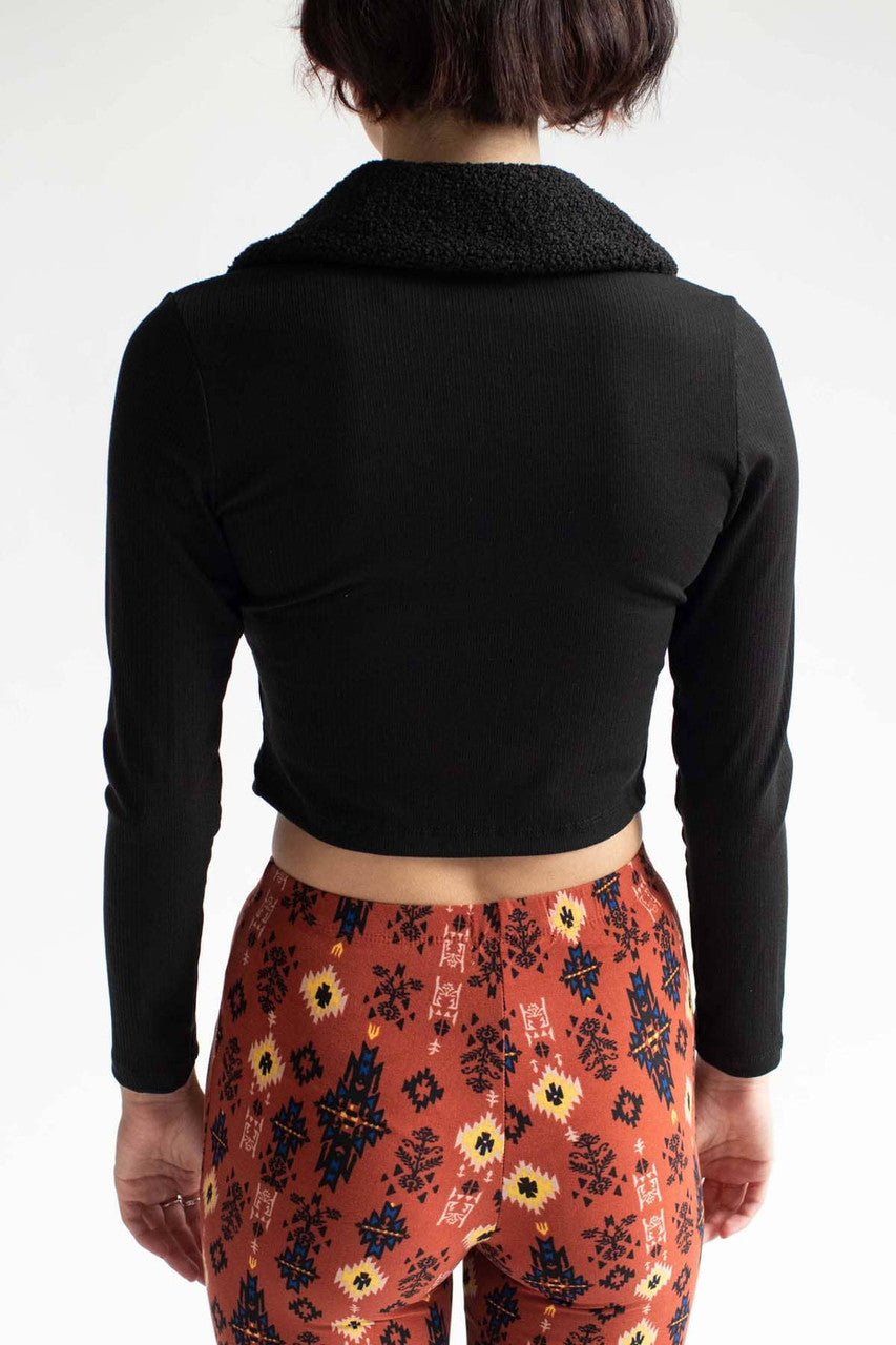 Black Sherpa Collared Zip Up Long Sleeve Top