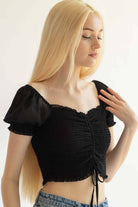 Black Smocked Ruched Front Milkmaid Top