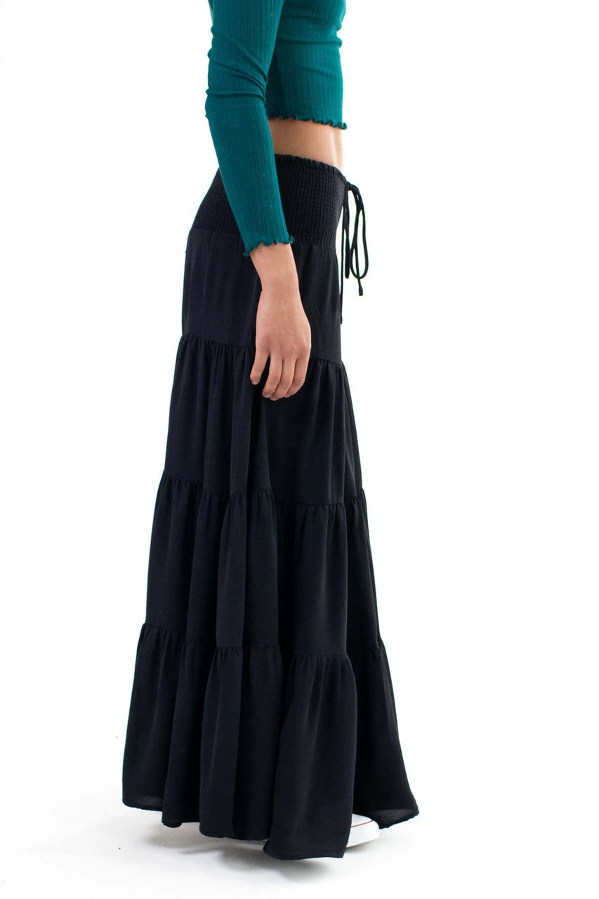 Black Smocked Waist Tiered Maxi Skirt