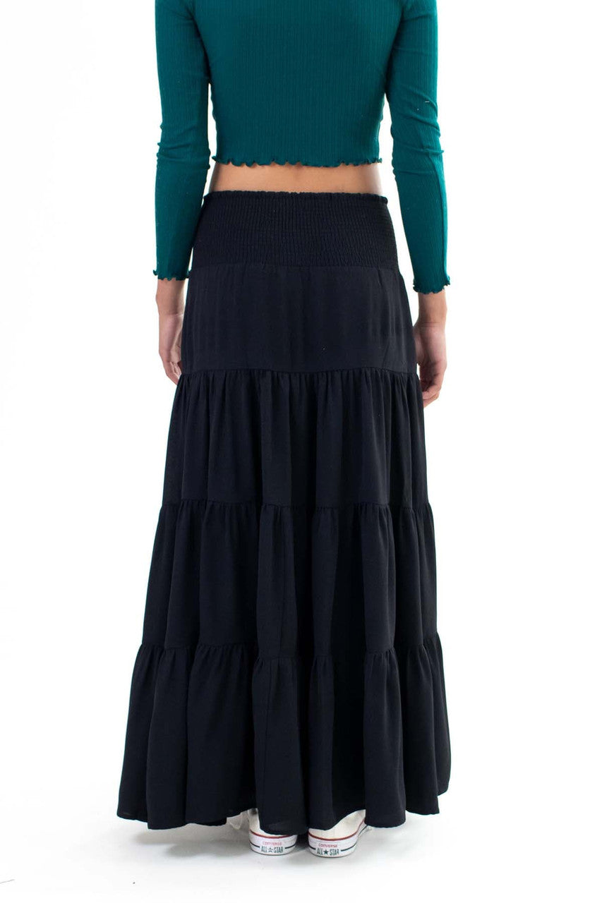 Black Smocked Waist Tiered Maxi Skirt