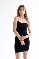 Black Snap Front Ribbed Mini Dress