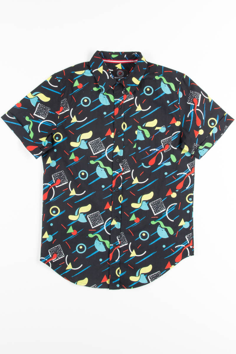 Black Trapper Keeper Print Woven Button Up Shirt