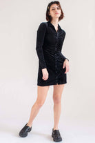 Black Velvet Ruched Long Sleeve Shirt Dress