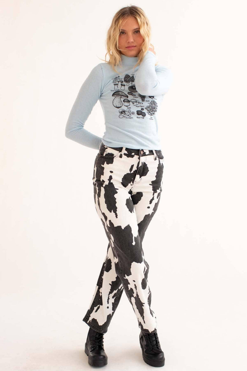 Black Washed Cow Print Stretch Denim Jeans