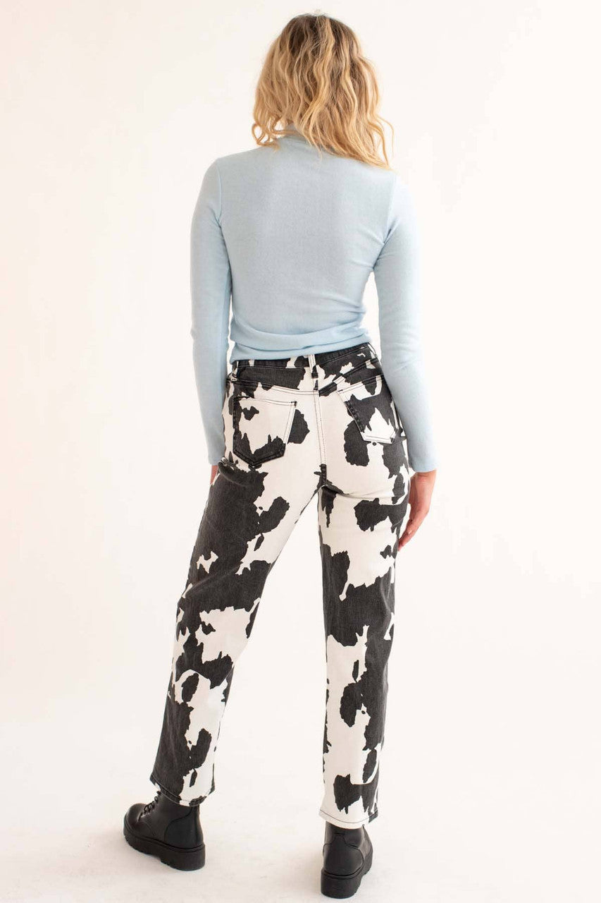 Black Washed Cow Print Stretch Denim Jeans