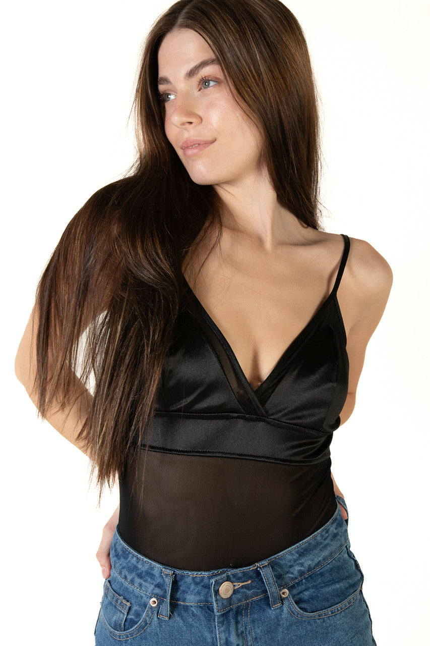 Black Mesh and Satin Bodysuit