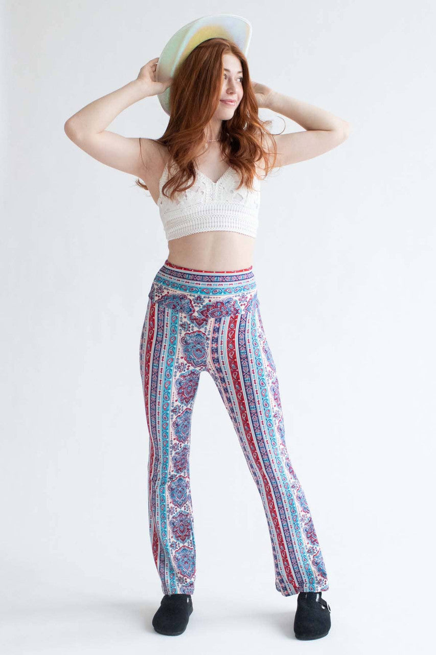 Blue & Blush Paisley Border Print Bell Bottoms