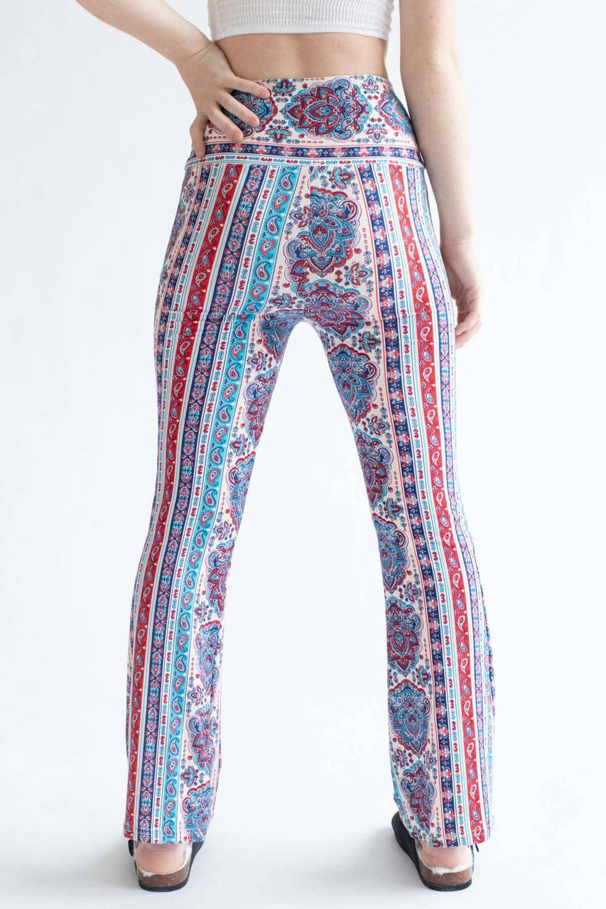 Blue & Blush Paisley Border Print Bell Bottoms