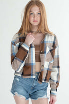 Blue & Brown Linen Blend Plaid Cropped Jacket