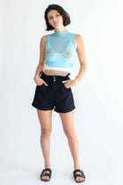 Blue Bedazzled Daisy Mesh Top
