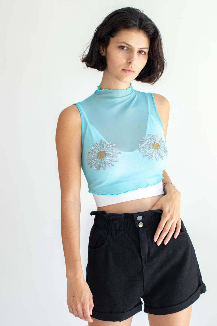 Blue Bedazzled Daisy Mesh Top