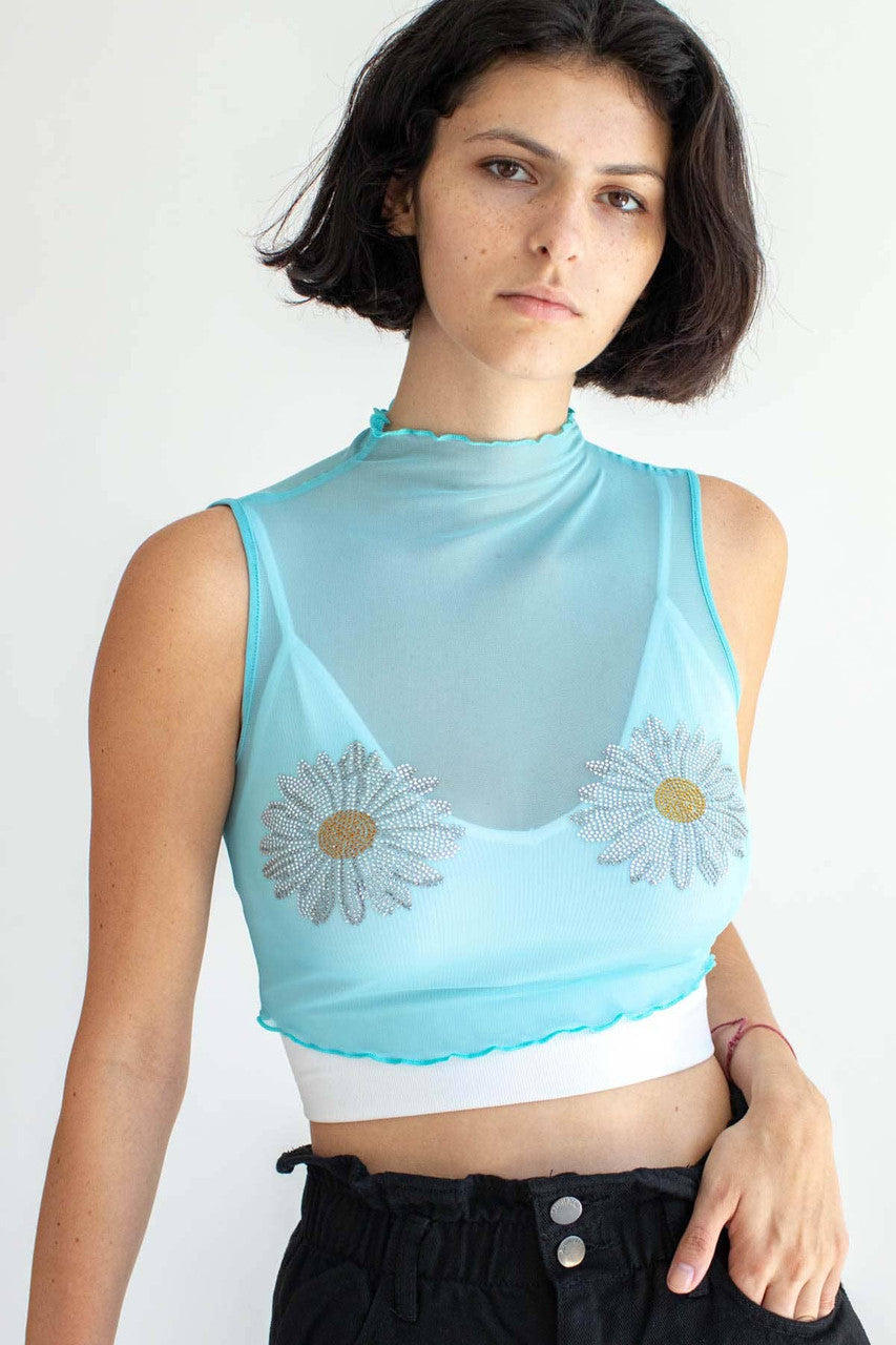 Blue Bedazzled Daisy Mesh Top