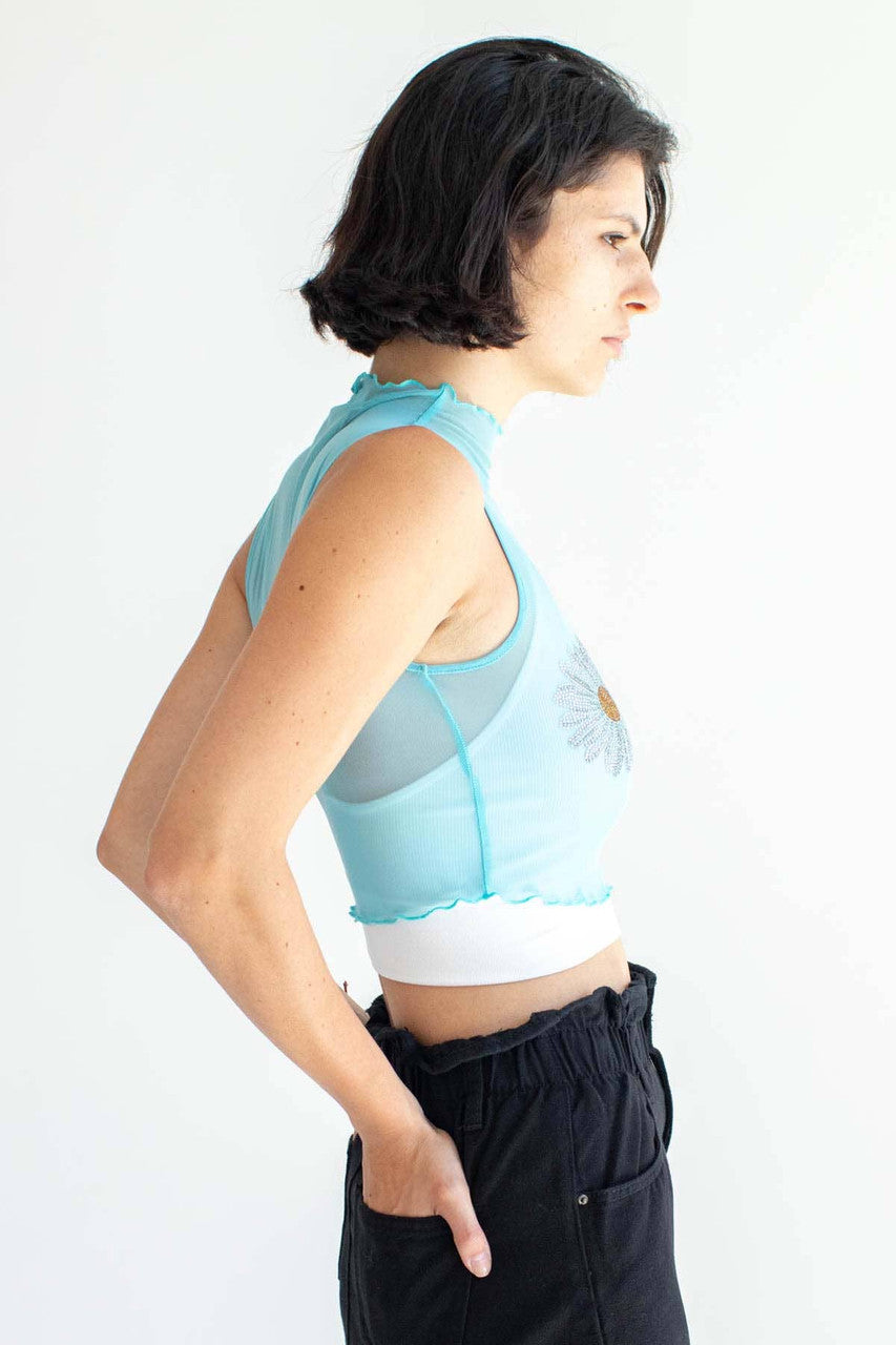 Blue Bedazzled Daisy Mesh Top