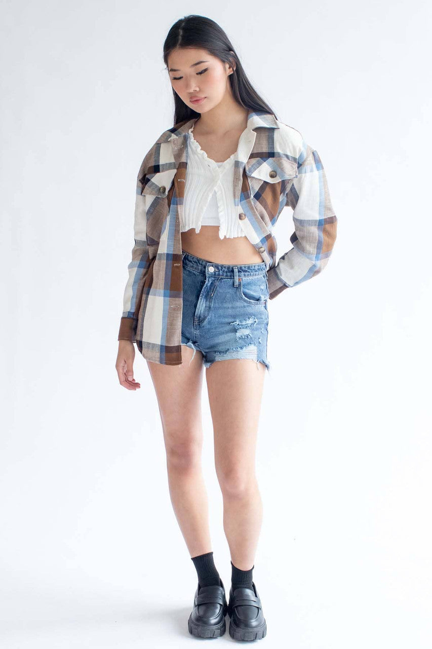 Blue & Brown Linen Blend Plaid Shirt Jacket