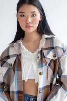 Blue & Brown Linen Blend Plaid Shirt Jacket