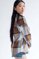 Blue & Brown Linen Blend Plaid Shirt Jacket