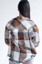 Blue & Brown Linen Blend Plaid Shirt Jacket